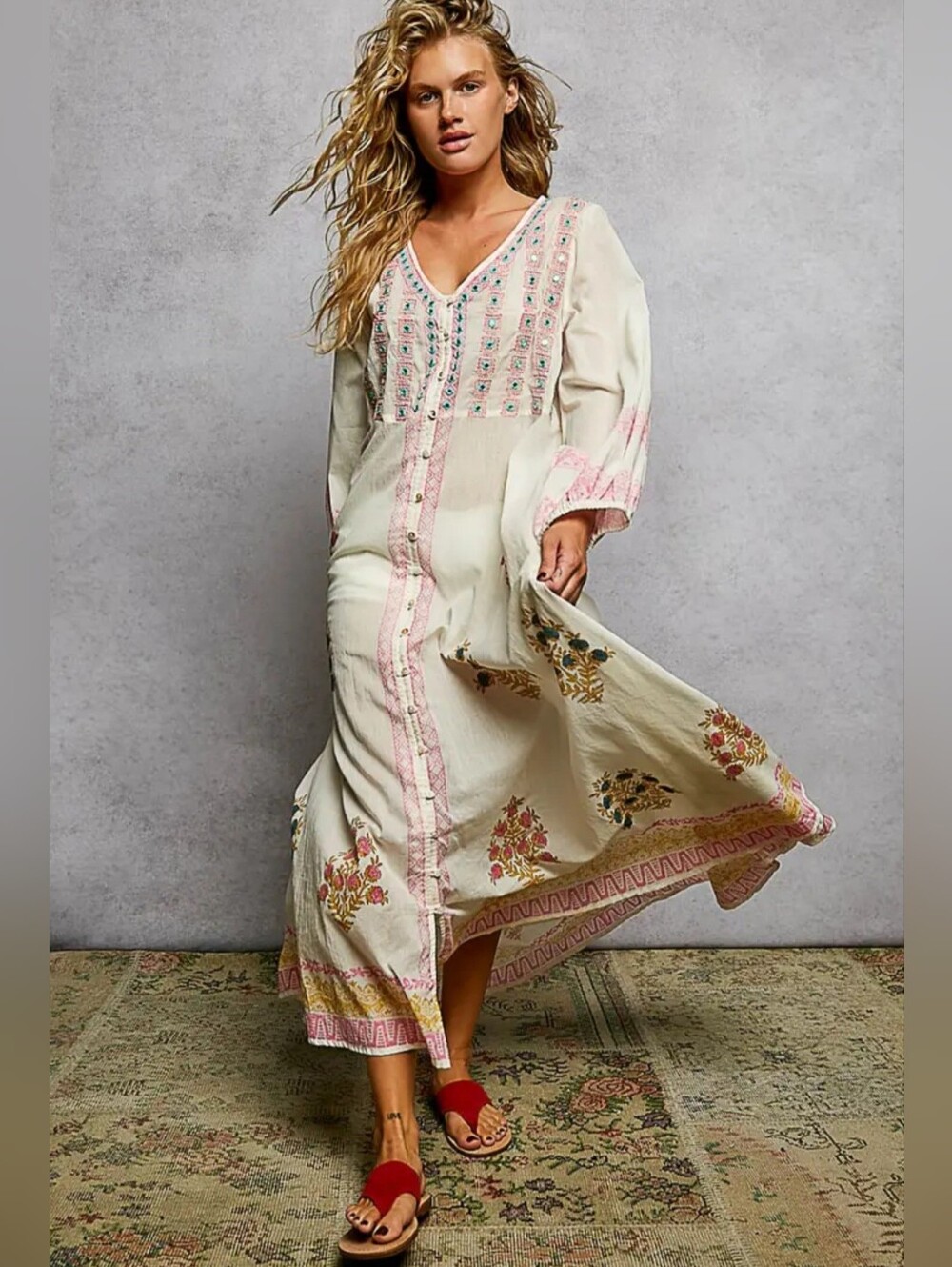 POL Embroidered Ivory Maxi Dress with Pink Accents - Picture 4 of 8